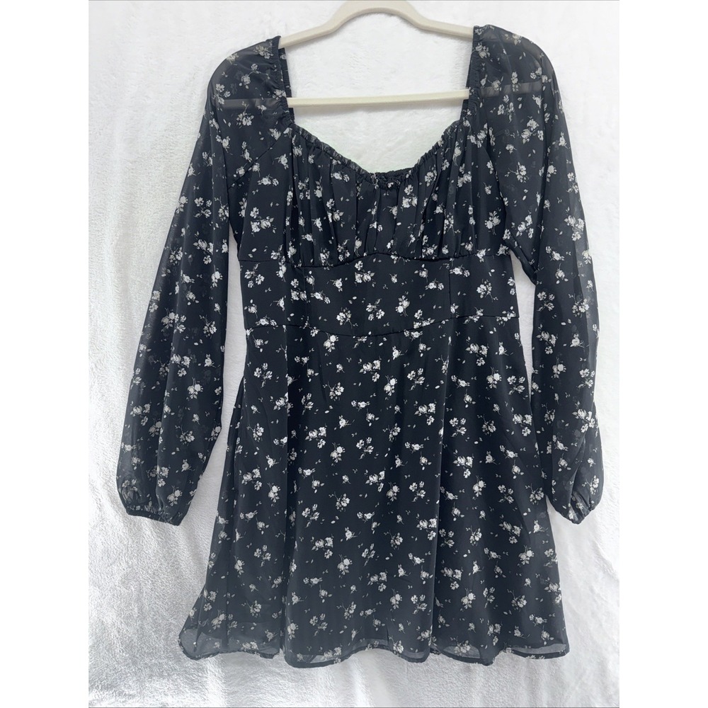 Hollister Black‎ Floral Chiffon Long Sleeve Mini Dress Sweetheart Neckline Small